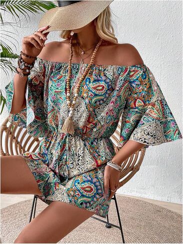 Milumia Women's Graphic Print Off Shoulder Elastic Waist Romper Summer Short Jumpsuit in Saudi Arabia