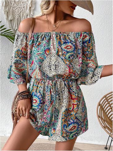 Milumia Women's Graphic Print Off Shoulder Elastic Waist Romper Summer Short Jumpsuit in Saudi Arabia