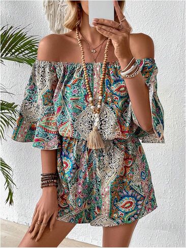 Milumia Women's Graphic Print Off Shoulder Elastic Waist Romper Summer Short Jumpsuit in Saudi Arabia