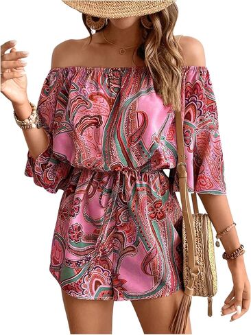 Milumia Women's Graphic Print Off Shoulder Elastic Waist Romper Summer Short Jumpsuit in Saudi Arabia