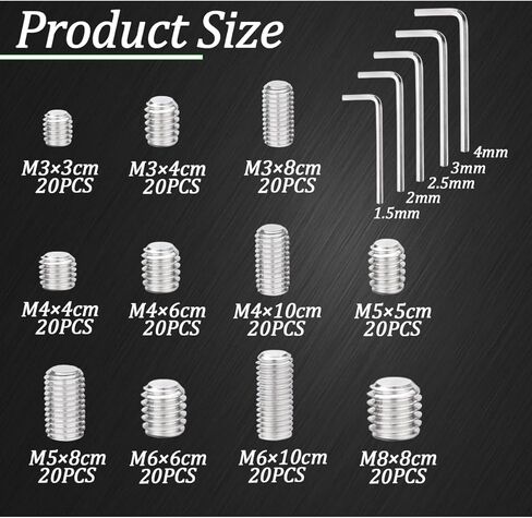 225 PCS Set Screw Assortment Kit Metric 12 Size 304 Stainless Steel Grub Screws with Hexagon Socket M3 to M8 in Kuwait