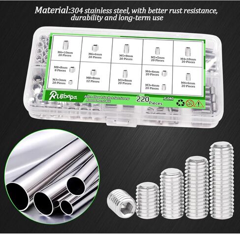 225 PCS Set Screw Assortment Kit Metric 12 Size 304 Stainless Steel Grub Screws with Hexagon Socket M3 to M8 in Kuwait