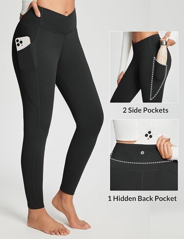 BALEAF Women's Fleece Lined Leggings with Pockets Thermal Warm Winter Tights Crossover High Waisted Yoga Pants in Saudi Arabia