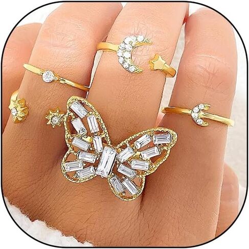 FUTIMELY 18k Gold Knuckle Rings Set for Women Teen Girls,Trendy Cubic Zirconia Butterfly Stackable Midi Rings Set,Charming Birthday Jewelry Gift in Saudi Arabia