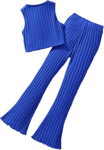OYOANGLE Girl's 2 Piece Rib Knitted Outfits Graphic Print Sleeveless Tank Top and Flared Leg Pants Set in Saudi Arabia