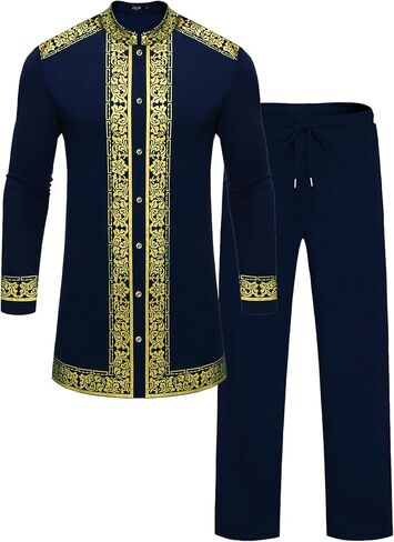 Mens African 2 Piece Set Nigerian Dashiki Metallic Traditional Suit Gold Stamp Printed Shirt and Pants Outfit in Saudi Arabia