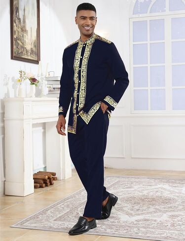 Mens African 2 Piece Set Nigerian Dashiki Metallic Traditional Suit Gold Stamp Printed Shirt and Pants Outfit in Saudi Arabia