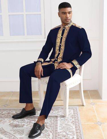 Mens African 2 Piece Set Nigerian Dashiki Metallic Traditional Suit Gold Stamp Printed Shirt and Pants Outfit in Saudi Arabia