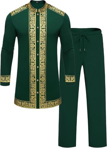 Mens African 2 Piece Set Nigerian Dashiki Metallic Traditional Suit Gold Stamp Printed Shirt and Pants Outfit in Saudi Arabia