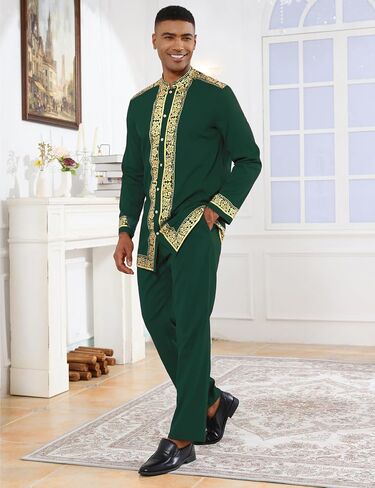Mens African 2 Piece Set Nigerian Dashiki Metallic Traditional Suit Gold Stamp Printed Shirt and Pants Outfit in Saudi Arabia