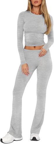 2 Piece Outfits Lounge Sets for Women Ruched Long Sleeve Tops Flare Yoga Pants Tracksuit Workout Sets in Kuwait