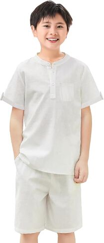 Boy's 2Pcs Short Set Cotton Linen Casual Henley Top Tee T-Shirts Short Sleeve Children Shorts Summer Outfits in Saudi Arabia