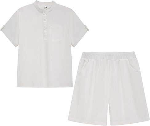Boy's 2Pcs Short Set Cotton Linen Casual Henley Top Tee T-Shirts Short Sleeve Children Shorts Summer Outfits in Saudi Arabia