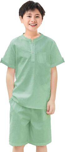 Boy's 2Pcs Short Set Cotton Linen Casual Henley Top Tee T-Shirts Short Sleeve Children Shorts Summer Outfits in Saudi Arabia
