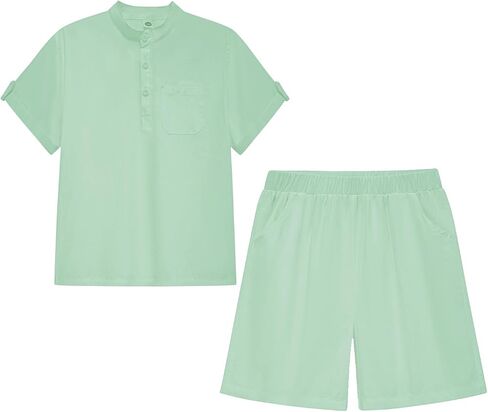 Boy's 2Pcs Short Set Cotton Linen Casual Henley Top Tee T-Shirts Short Sleeve Children Shorts Summer Outfits in Saudi Arabia