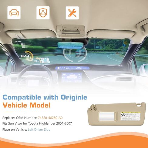 حاجب من الشمس من الجانب الأيسر للسائق بدون ضوء لسيارة Toyota Highlander 2004 2005 2006 2007 مجموعة حاجب بيج in Kuwait