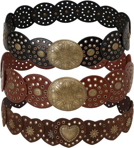 3 Pack Wide Disc Belt for Women, Western Disc Waist Belts Ladies Western Belt Vintage Leather Belt Boho Belt Circle Belt Chunky Belt Bohemian Belt for Dress Jean in Saudi Arabia