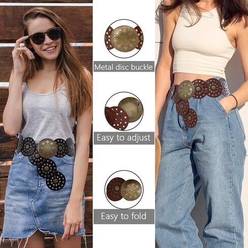 3 Pack Wide Disc Belt for Women, Western Disc Waist Belts Ladies Western Belt Vintage Leather Belt Boho Belt Circle Belt Chunky Belt Bohemian Belt for Dress Jean in Saudi Arabia