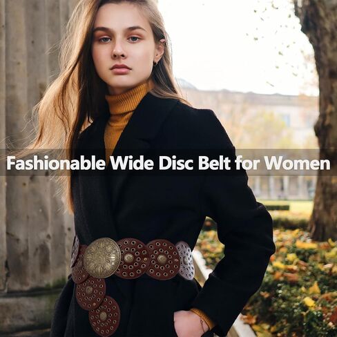 3 Pack Wide Disc Belt for Women, Western Disc Waist Belts Ladies Western Belt Vintage Leather Belt Boho Belt Circle Belt Chunky Belt Bohemian Belt for Dress Jean in Saudi Arabia