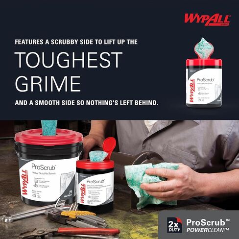 WypAll® PowerClean™ ProScrub™ Heavy Duty Wet Towels (91371), Dual Action Cleaning, Large 9.5" x 12" Wipes, Bucket Included (75 Sheets/Container) in Saudi Arabia