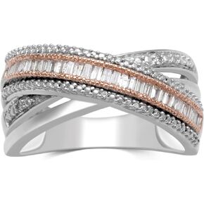 Jewelili 10k rose gold and sterling silver 1/4 Cttw natural white round and baguette shape diamond ring, size 7