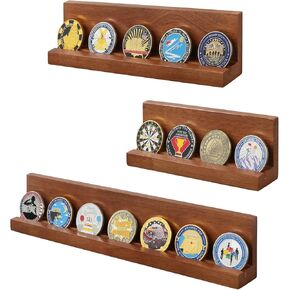 Challenge Coin Holder Wall Mounted, Solid Wood Military Coin Holder Display Shelf, Single Row Military Coin Showcase Rack, Set of 3, Walnut