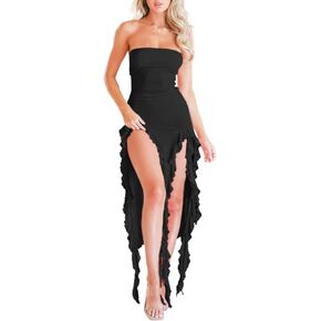 Women Summer Elegant Strapless Tube Midi Bodycon Dresses Irregular Ruffle Tassel Party Dress