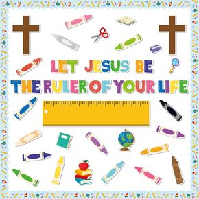 Back to School Religious Bulletin Board - 107Pcs Let Jesus Be The Ruler of Your Life Christian Bulletin Board Classroom Decoration Crayon Cutouts School Classroom Chalkboard Wall Door Decor