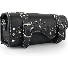 NICECNC Motorcycle Fork Bag Handlebar Bag, Star Rivet Style Vintage PU Leather Classic Cowhide Lines, Waterproof Universal Motorcycle Tool Storage Bag Sissy Bar Side Tail Frame Bag, Black