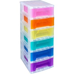 Really Useful Box Slimline 3.5 Litre Storage Tower Transparent Rainbow Drawer with Plain Flat Top and Removable Castor Wheels