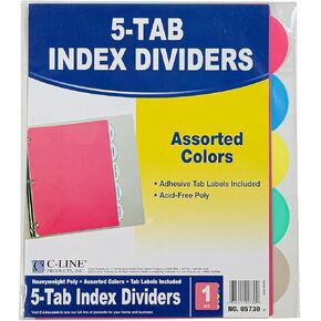 C-Line Polypropylene Binder Index Dividers with Double-Sided Slant Pockets, One 5-Tab Set, Assorted Colors (05750)