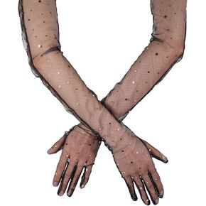 2pcs Lace Gloves with Sparkly Sequins, 27.6inch Long Opera Gloves Half Finger Lace Gloves Smooth Stretch Mesh Tulle Long Gloves Bridal Gloves for Opera Halloween Costume Party Dance (Black)