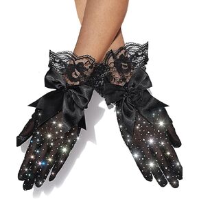 Black Lace Gloves Rhinestone Sheer Short Gloves Mesh Tea Party Gloves Finger Evening Bow Wrist Opera Gloves for Women