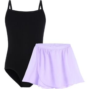 Girls Black Dance Camisole Leotard with Purple Chiffon Wrap Skirts Set Size 5-6 Years Old Classic Fit Ballet Sleeveless Top for Gymnastics Exercise