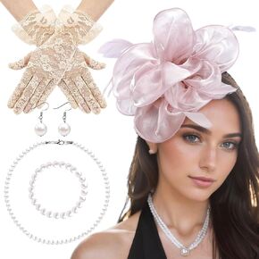 1920s Fascinators Tea Party Hat Veil Headband and Gloves for Cocktail Church Tea Party Halloween Wedding