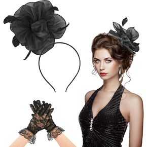 Fascinators Hat & Gloves for Women, Flower Feather Tea Party Hat with Short Lace Gloves Set Delicate Derby Hat for Wedding