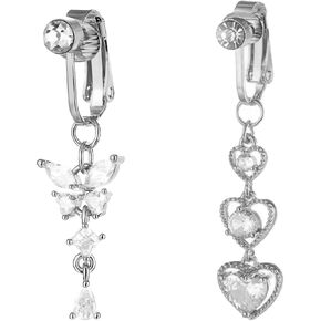 2PCS Fake Belly Button Ring Fake Belly Piercing Fake Belly Button Piercing Clip On Belly Button Rings CZ Dangle Heart Butterfly Fake Belly Rings Clip On Belly Button Piercing