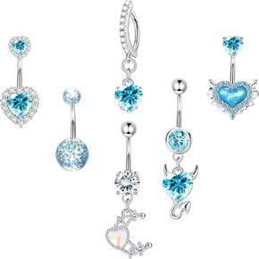 FIASASO 6Pcs Belly Button Rings for Women Surgical Steel Hypoallergenic 14G Dangle Belly Button Ring Heart CZ Belly Rings Clicker Belly Button Piercing Navel Piercing Jewelry Pack Silver Pink Blue Red
