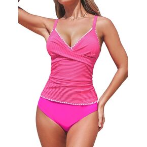 CUPSHE Women's Tankini Sets Two Piece Swimsuit High Waisted V Neck Adjustable Straps Ribbed Shell Stitched