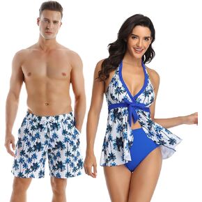 Couples Matching Swimsuit Blue Coconut Trees/Black Leopards Tankini Set & Swim Trunks His and Her Swimwear