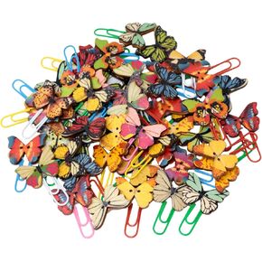 yueton 54 PCS Cute Butterfly Paper Clips Creative Cartoon Bookmarks Lovely Animal Binder Clips Wood File Document Clamps for Office Supplies Birthday Gift
