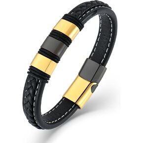 Stainless Steel Leather Bracelets for Men, Braided Bracelet Woven Bead Wristband with Durable Clasp for Men Jewelry Gifts