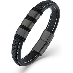 Stainless Steel Leather Bracelets for Men, Braided Bracelet Woven Bead Wristband with Durable Clasp for Men Jewelry Gifts