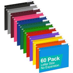 HERKKA Hanging File Folders, 60 Pack Reinforced Letter Size Hanging Folders with Heavy Duty 0 Inch Expansion, Designed for Bulky Files, Medical Charts, 1/5-Cut Adjustable Tabs, 12 Assorted Colors