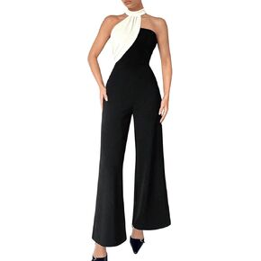 Floerns Women's Colorblock Sleeveless Asymmetrical Halter Neck Elegant Jumpsuit
