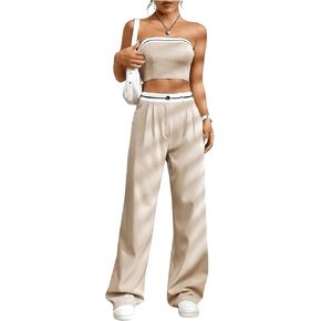 Women's Two Piece Outfit Color Block Slim Fit Tube Crop Top and Wide Leg Pants Set