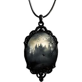 Gothic Glass Pendant Necklace for Women Vintage Rope Chain Witch Bat Mystic Witch Choker Necklace Punk Dark Style Statement Necklace Halloween Jewelry Gift Accessories