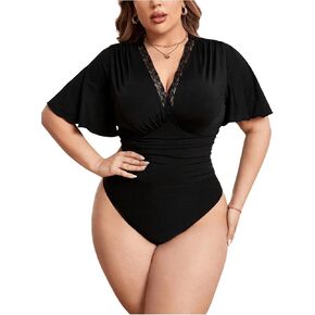 WDIRARA Women's Plus Size Lace Patchwork Ruffle Short Sleeve Bodysuit V Neck Ruched Side Solid Leotards