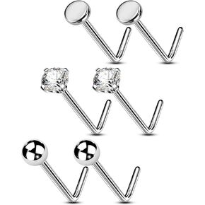 OUFER 6PCS Nose Rings Studs, G23 Solid Titanium Nose Rings 20G, Classic Design Nose Rings Screw, Sparkling CZ Nose Ring L-shaped, Nose Nostril Piercing Jewelry for Women and Men