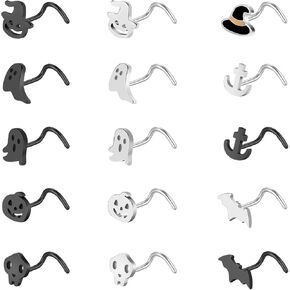 ZS 15Pcs Stainless Steel Black Corkscrew Nose Stud, 20G Halloween Corkscrew Nose Rings Studs, L-shaped Nose Rings Ghost Skull Bat Nose Piercing Jewelry for Women Men